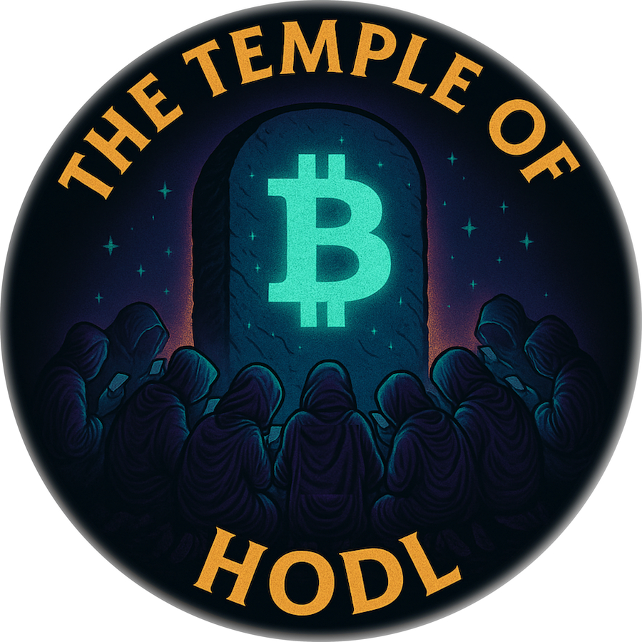 Dark cartoon-style design showing hooded figures kneeling before a glowing Bitcoin monolith with the words “The Temple of HODL”