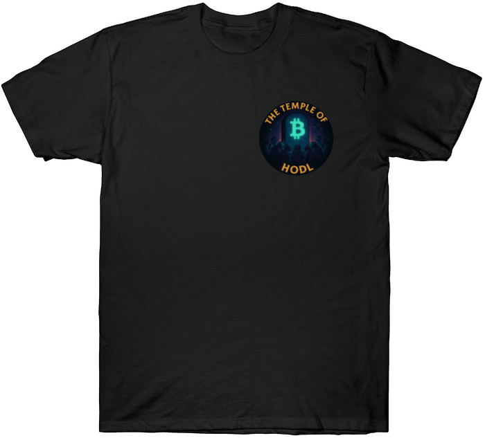 Front logo design for The Temple of HODL shirt featuring a glowing Bitcoin symbol surrounded by hooded figures in reverence.